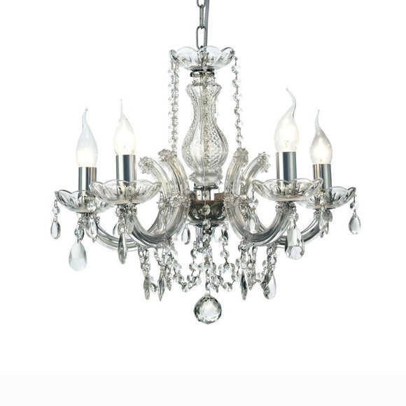 Deco D0020 Gabrielle 5 Light Chandelier With Glass Sconce and Glass Crystal Droplets in Polished Chrome Finish