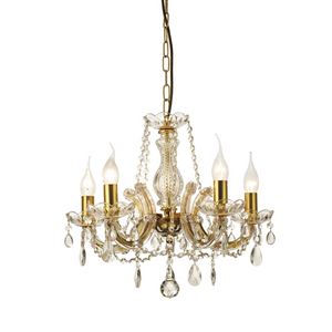 Deco D0021 Gabrielle 5 Light Chandelier With Glass Sconce and Glass Crystal Droplets in Polished Brass Finish