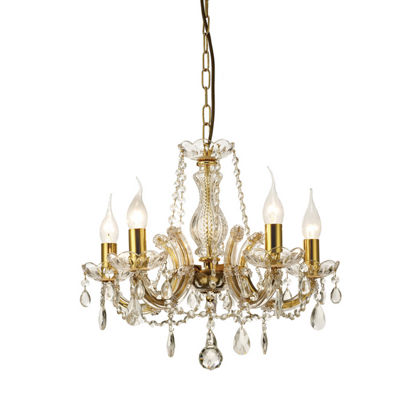 Deco D0021 Gabrielle 5 Light Chandelier With Glass Sconce and Glass Crystal Droplets in Polished Brass Finish