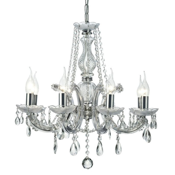 Deco D0023 Gabrielle 8 Light Chandelier With Acrylic Sconce and Glass Droplets in Chrome Finish