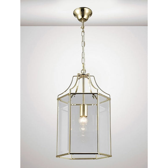 Deco D0095 Payton Single Light Hexagonal Pendant Lantern in French Gold Finish and Clear Glass