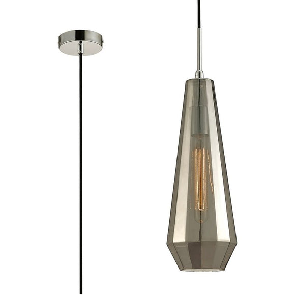 Deco D0108 Markus 1 Light Single Slim Cone Pendant in Polished Chrome Finish and Smoke Black Glass