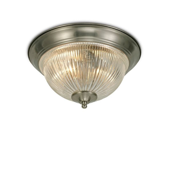 Deco D0406 Macy IP44 2 Light Flush Ceiling in Satin Nickel  Finish With Clear Ribbed Glass