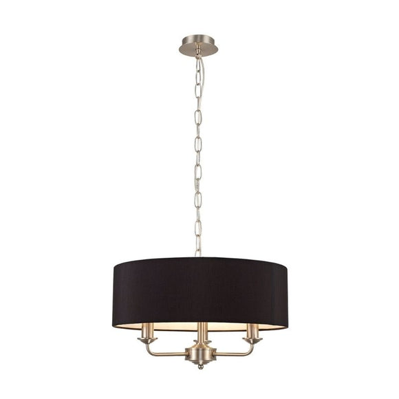 Deco DK0059 Banyan 3 Light Pendant in Satin Nickel Finish with 45cm Faux Silk Shade in Black