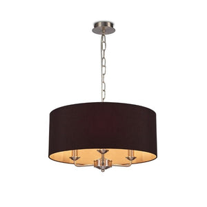 Deco DK0072 Banyan 3 Light Pendant in Satin Nickel Finish with 50cm Faux Silk Shade in Black and Green Olive