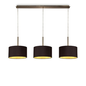 Deco DK0573 Baymont 3 Light Linear Pendant in Antique Brass Finish with 17cm Dual Faux Silk Fabric Shade, Midnight Black and Green Olive