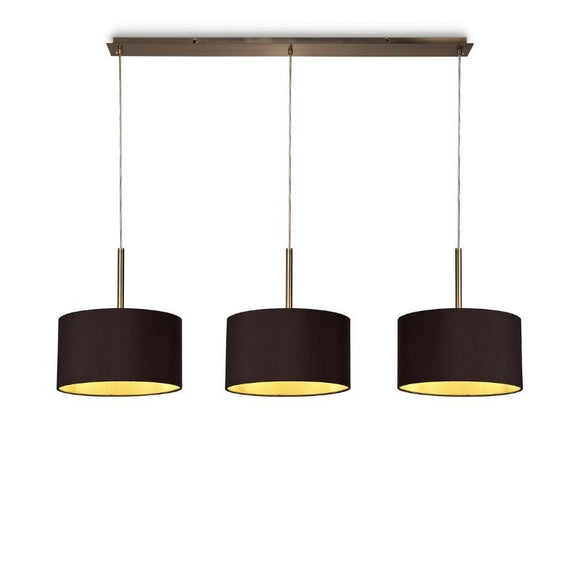 Deco DK0573 Baymont 3 Light Linear Pendant in Antique Brass Finish with 17cm Dual Faux Silk Fabric Shade, Midnight Black and Green Olive