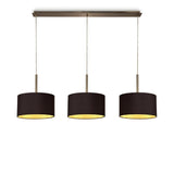 Deco DK0573 Baymont 3 Light Linear Pendant in Antique Brass Finish with 17cm Dual Faux Silk Fabric Shade, Midnight Black and Green Olive