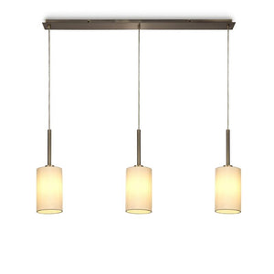 Deco DK0770 Baymont 3 Light Linear Pendant in Antique Brass Finish with 12cm Dual Faux Silk Shade, Ivory Pearl and White Laminate