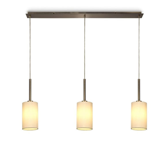 Deco DK0770 Baymont 3 Light Linear Pendant in Antique Brass Finish with 12cm Dual Faux Silk Shade, Ivory Pearl and White Laminate