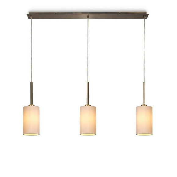 Deco DK0771 Baymont 3 Light Linear Pendant in Antique Brass Finish with 12cm Dual Faux Silk Shade, Nude Beige and Moonlight