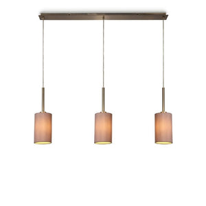 Deco DK0772 Baymont 3 Light Linear Pendant in Antique Brass Finish with 12cm Dual Faux Silk Shade, Taupe and Halo Gold