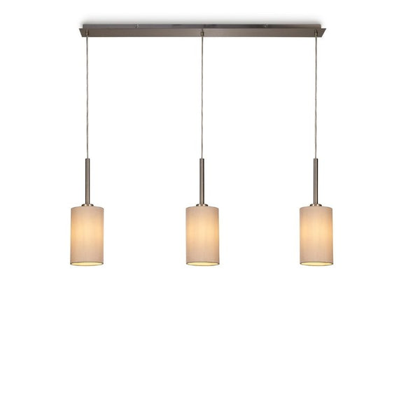 Deco DK0777 Baymont 3 Light Linear Pendant in Satin Nickel Finish with 12cm Dual Faux Silk Shade, Nude Beige and Moonlight