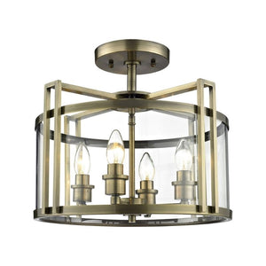 Diyas IL31091 Eaton 4 Light Semi Ceiling Flush in Glass and Antique Brass Finish