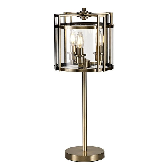 Diyas IL31097 Eaton 3 Light Table Lamp in Glass and Antique Brass Finish