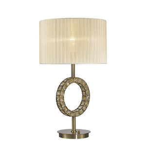 Diyas Florence Single Light Round Table Lamp With Cream Shade, Crystal and Antique Brass Finish IL31530