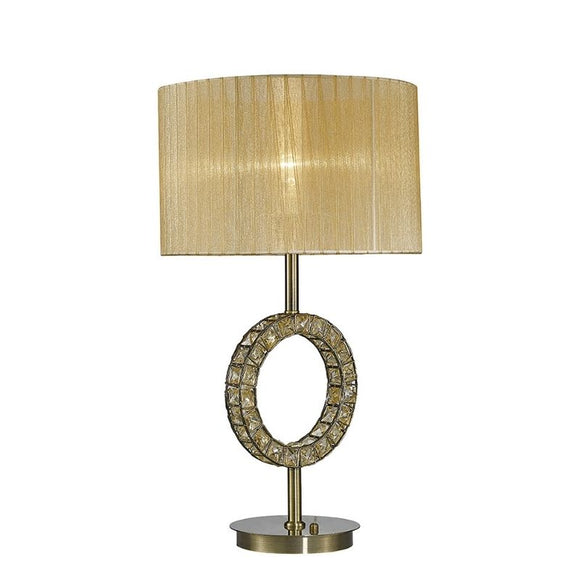 Diyas IL31720 Florence Single Light Round Table Lamp With Soft Bronze Shade, Crystal and Antique Brass Finish