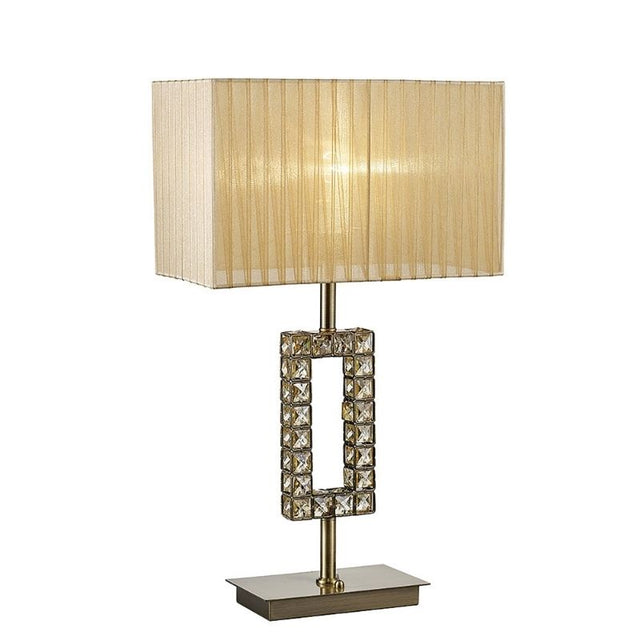 Diyas IL31722 Florence Single Light Rectangle Table Lamp With Soft Bronze Shade, Crystal Finished in Antique Brass
