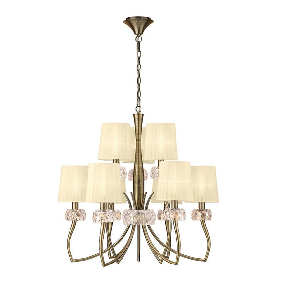 Mantra Loewe 2 Tier Pendant 6+3 Light Finished in Antique Brass With Cream Shades M4630AB