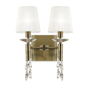 Mantra M3883/S/WS Tiffany 2+2 Light Wall Lamp in Antique Brass Finish with White Shades and Clear Crystal