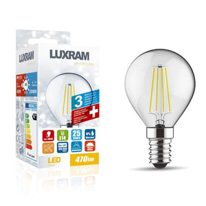 Luxram 1410802 (3LT516D) Value Classic LED Ball E14 Dimmable 4W 3000K Warm White, 470lm, Clear Finish, 3yrs Warranty